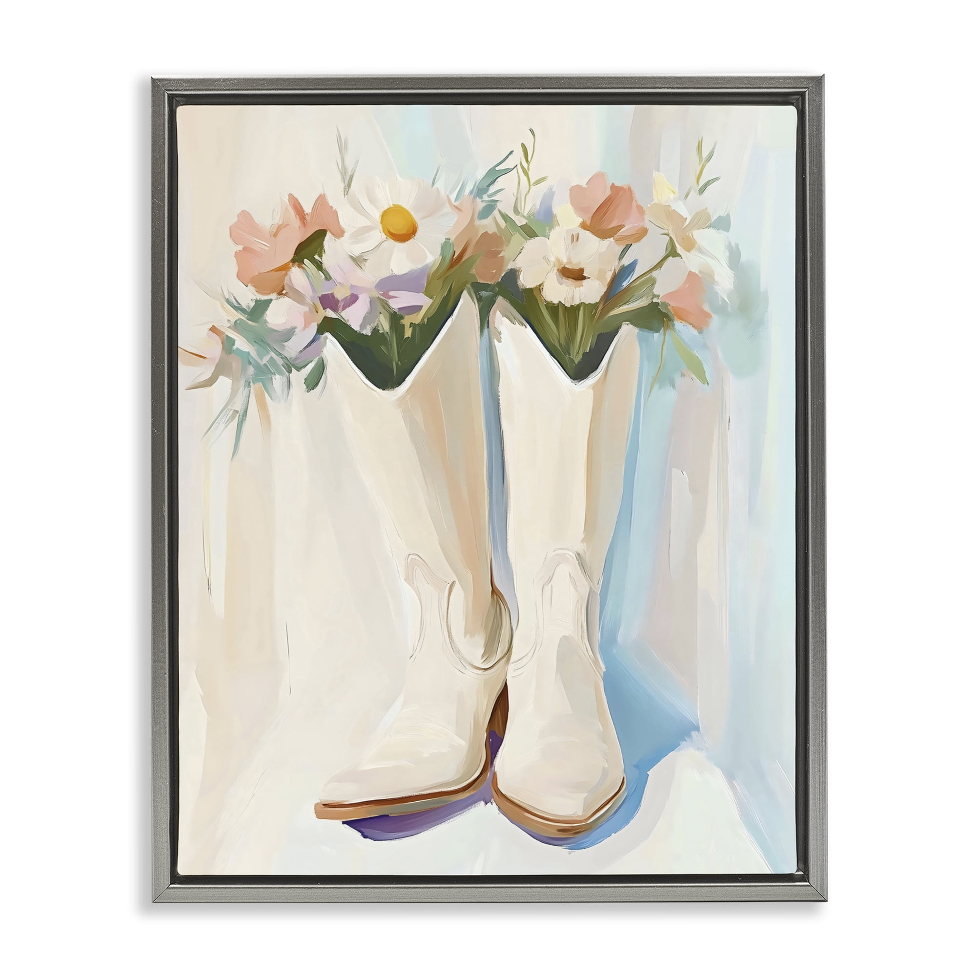 Stupell Industries Floral White Cowgirl Boots Gray Framed Floater Canvas Wall Art, design by The Prints Vibe