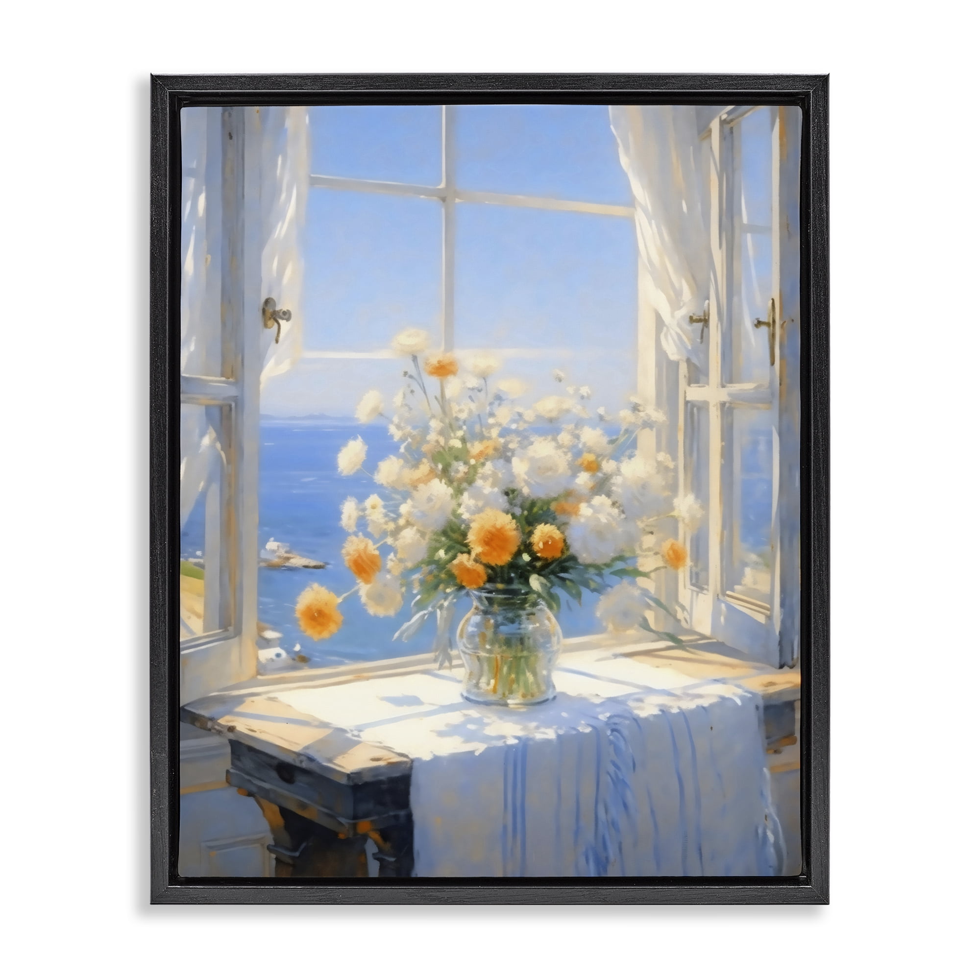 Stupell Industries Floral Window View of Sea Black Framed Floater Canvas Wall Art, design by Creative Studio