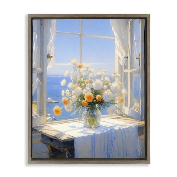 Stupell Industries Coastal Floral Window View of Sea Brown Floating Frame Canvas Art, 17 x 21, by Creative Studio