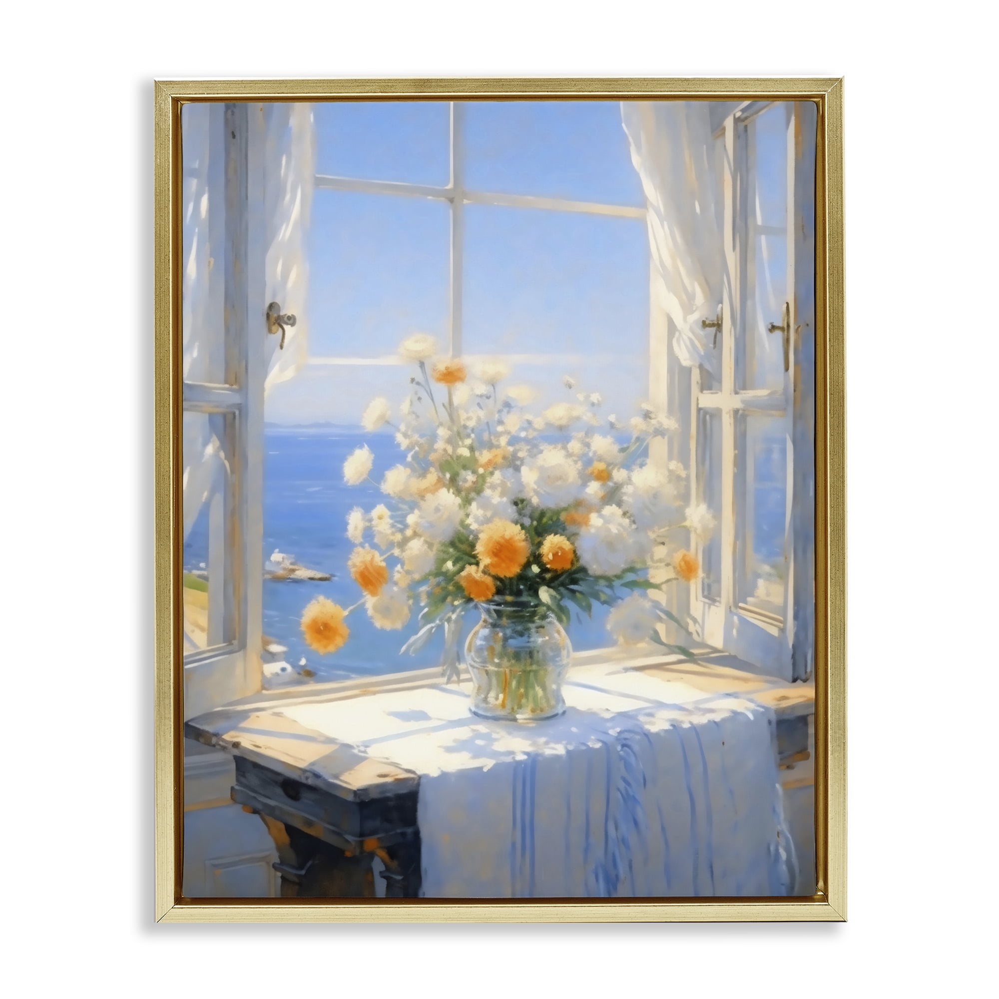 Stupell Industries Floral Window View of Sea Gold Framed Floater Canvas Wall Art, design by Creative Studio