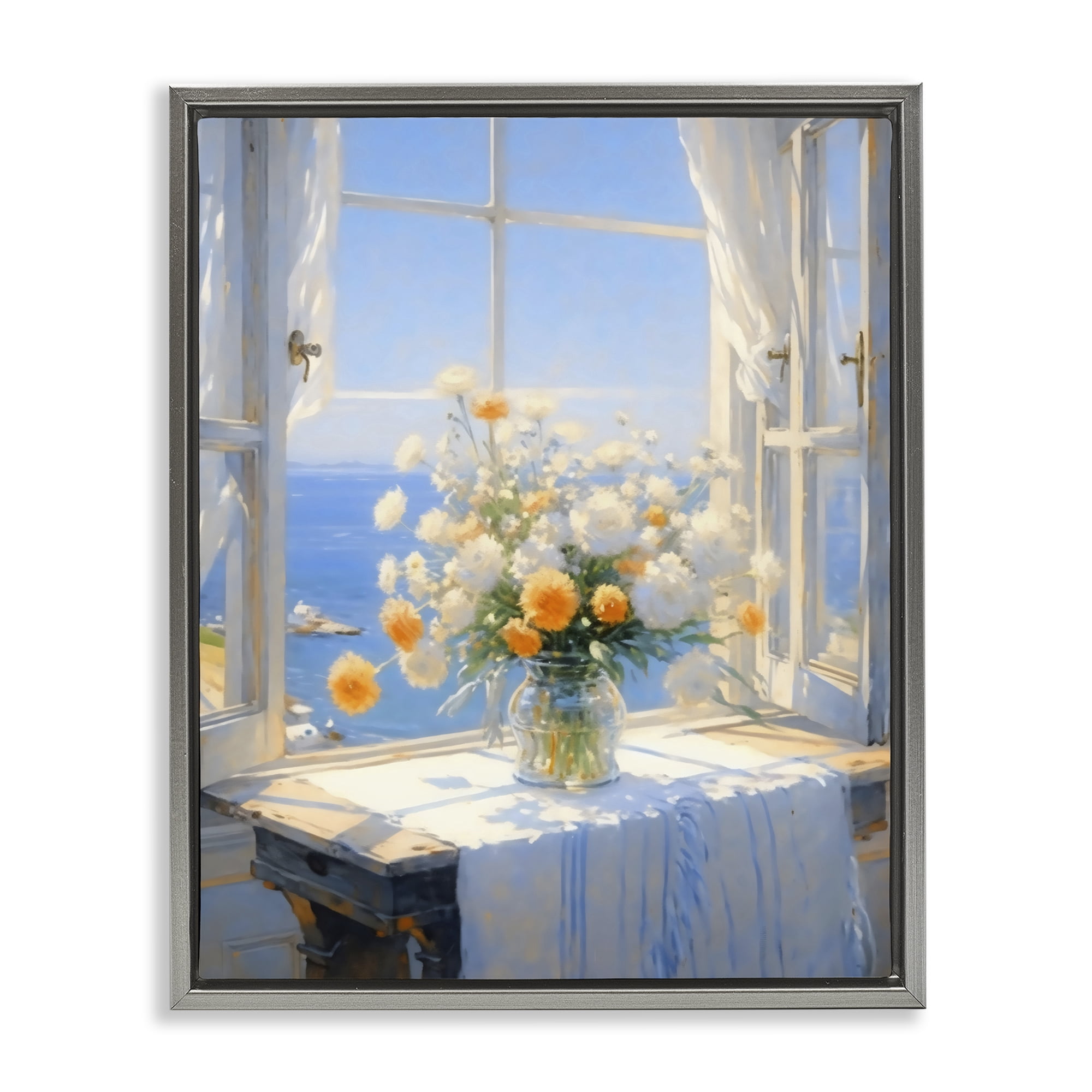 Stupell Industries Floral Window View of Sea Gray Framed Floater Canvas Wall Art, design by Creative Studio