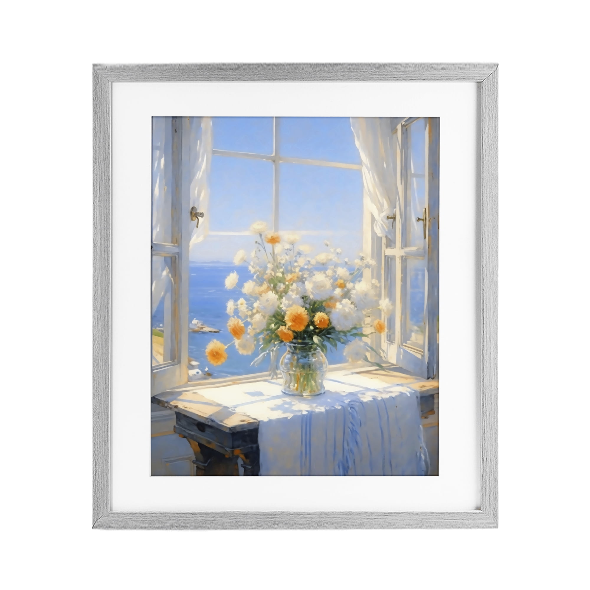 Stupell Industries Floral Window View of Sea Gray Framed Print Under Glass, design by Creative Studio