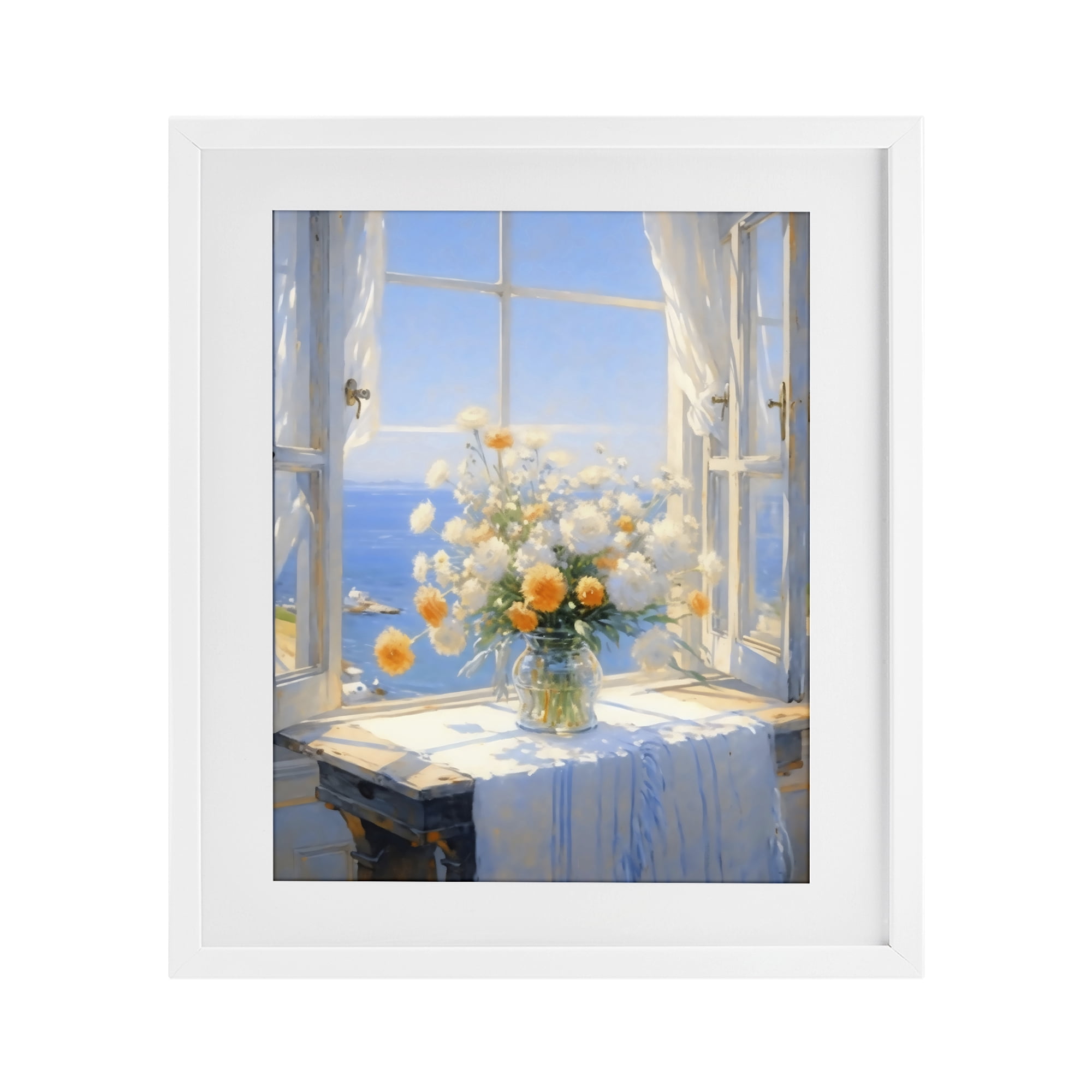 Stupell Industries Floral Window View of Sea White Framed Print Under Glass, design by Creative Studio