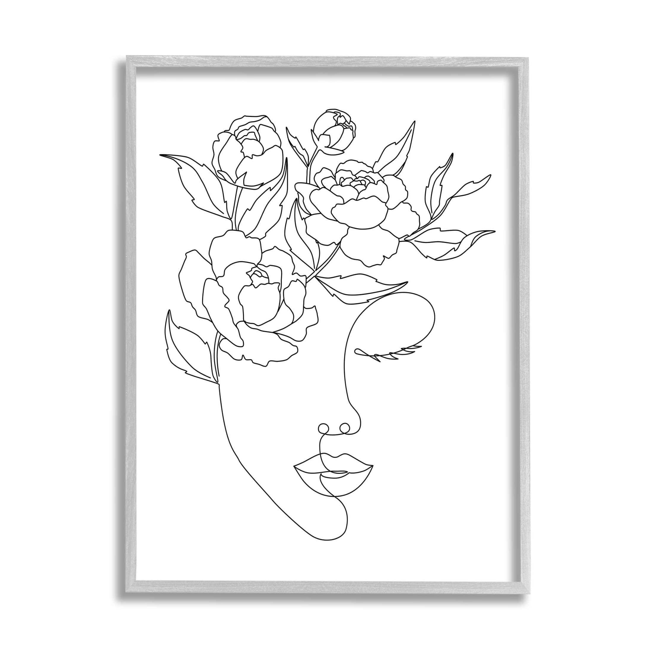 Stupell Industries Floral Woman Face Line Doodle Graphic Art Gray Framed Art Print Wall Art, Design by JJ Design House LLC