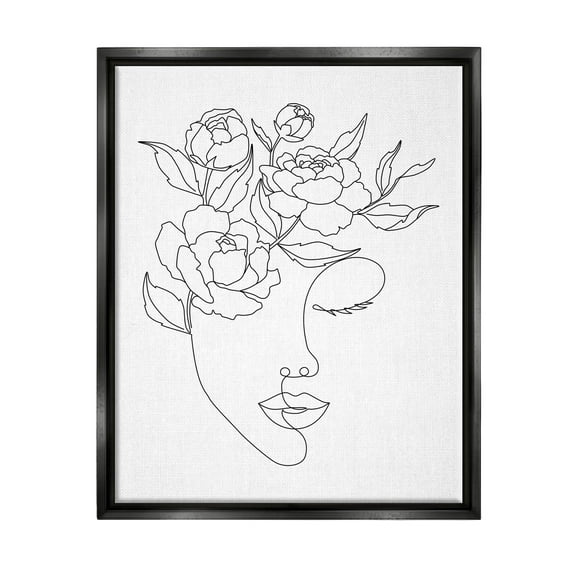 Stupell Industries Floral Woman Face Line Doodle Graphic Art Jet Black Floating Framed Canvas Print Wall Art, Design by JJ Design House LLC