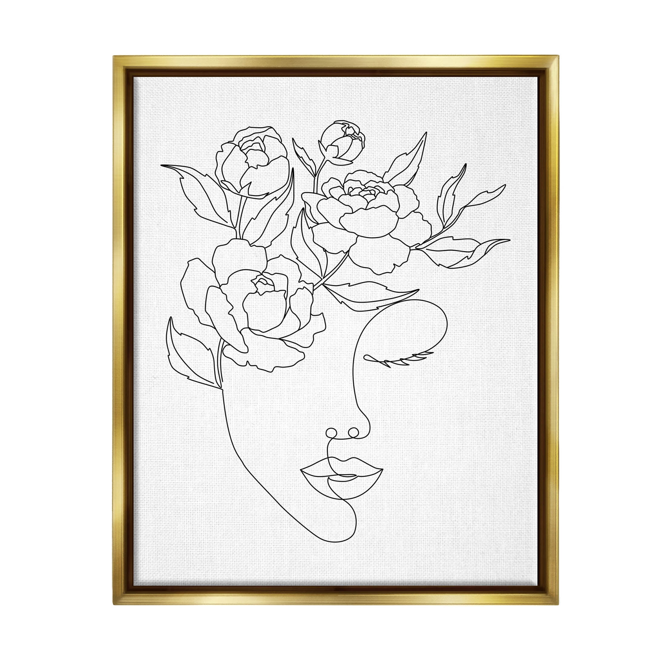 Stupell Industries Floral Woman Face Line Doodle Graphic Art Metallic Gold Floating Framed Canvas Print Wall Art, Design by JJ Design House LLC