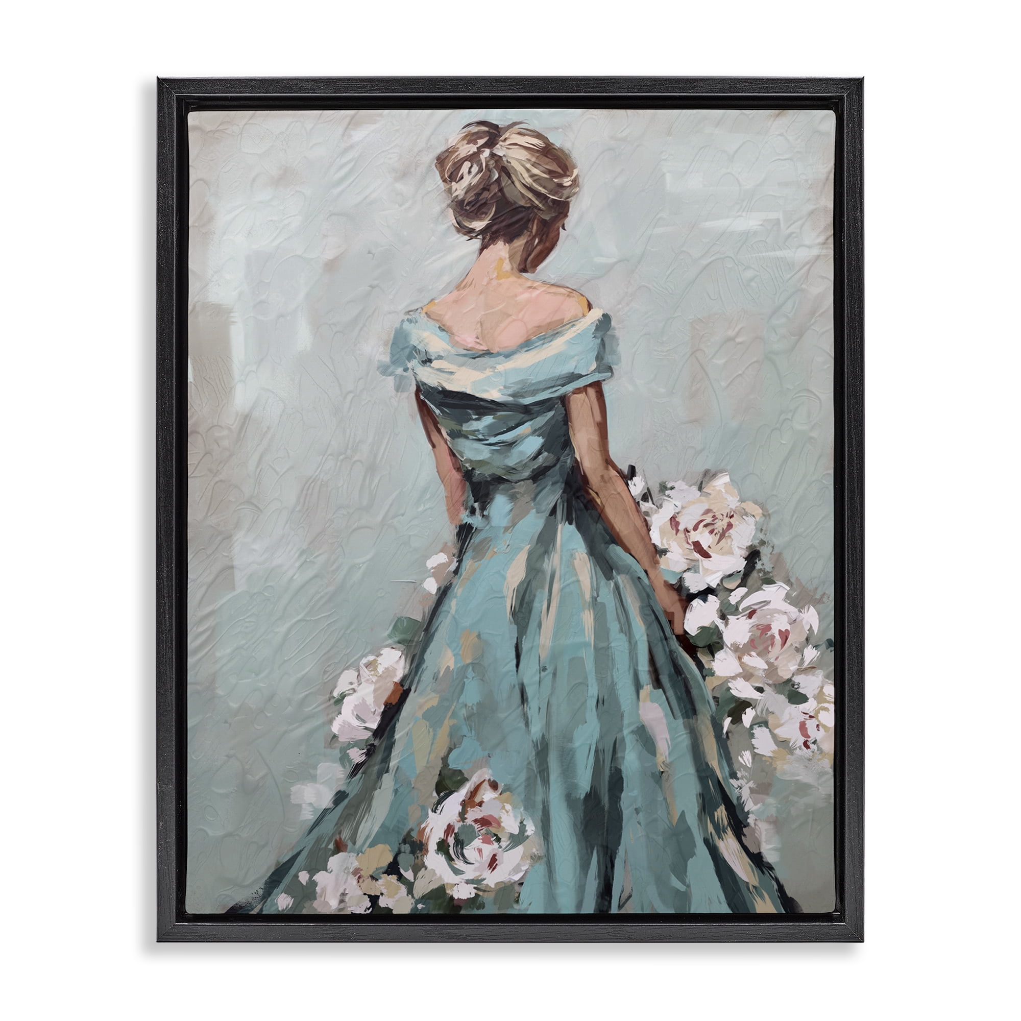 Stupell Industries Floral Woman in Gown Novelty Painting Black Floater Framed Art Print Wall Art, 25 x 31