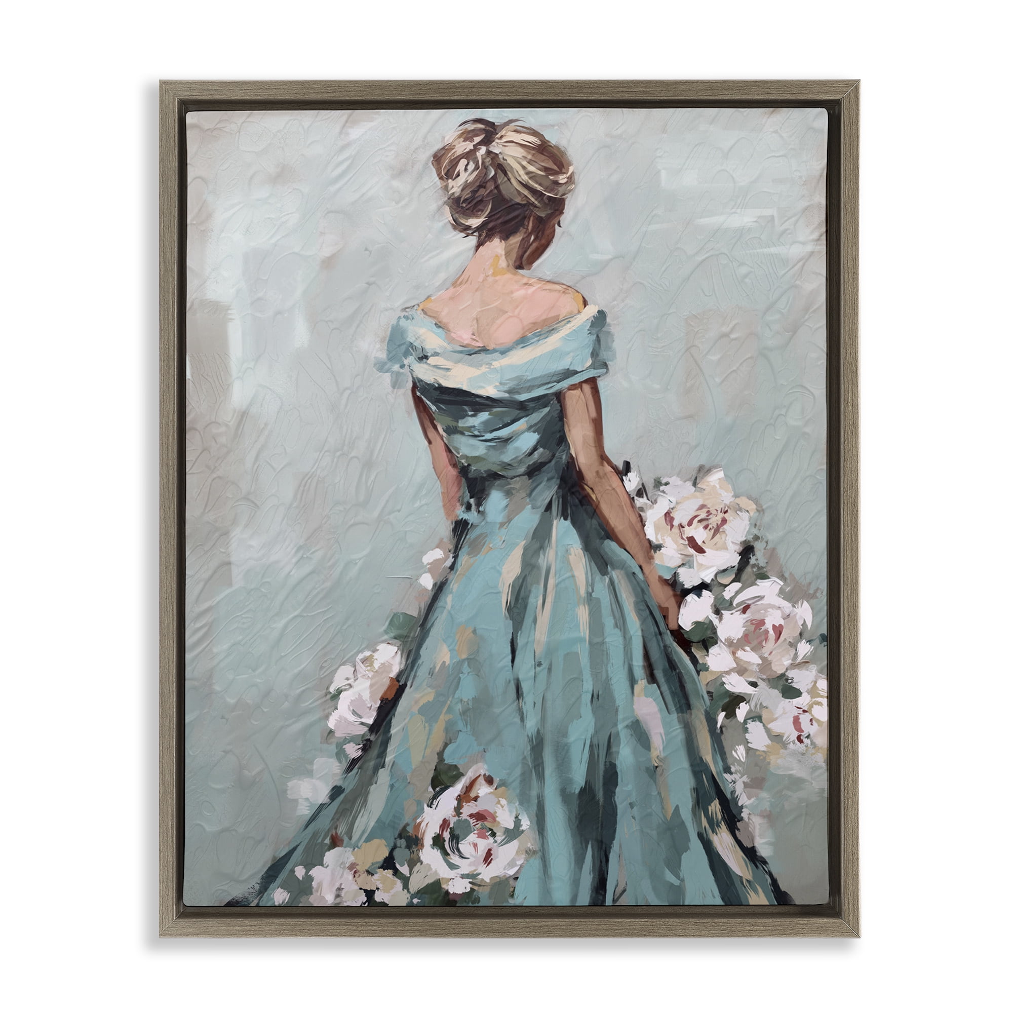 Stupell Industries Floral Woman in Gown Novelty Painting Brown Floater Framed Art Print Wall Art, 25 x 31