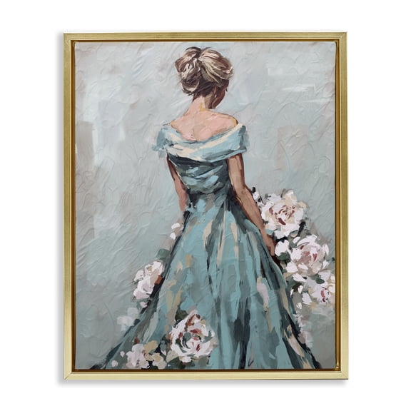 Stupell Industries Floral Woman in Gown Novelty Painting Gold Floater Framed Art Print Wall Art, 25 x 31