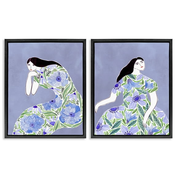 Stupell Industries Floral Women on Purple People Painting Black Floater Framed Canvas Art Print Wall Art, 17 x 21, Set of 2