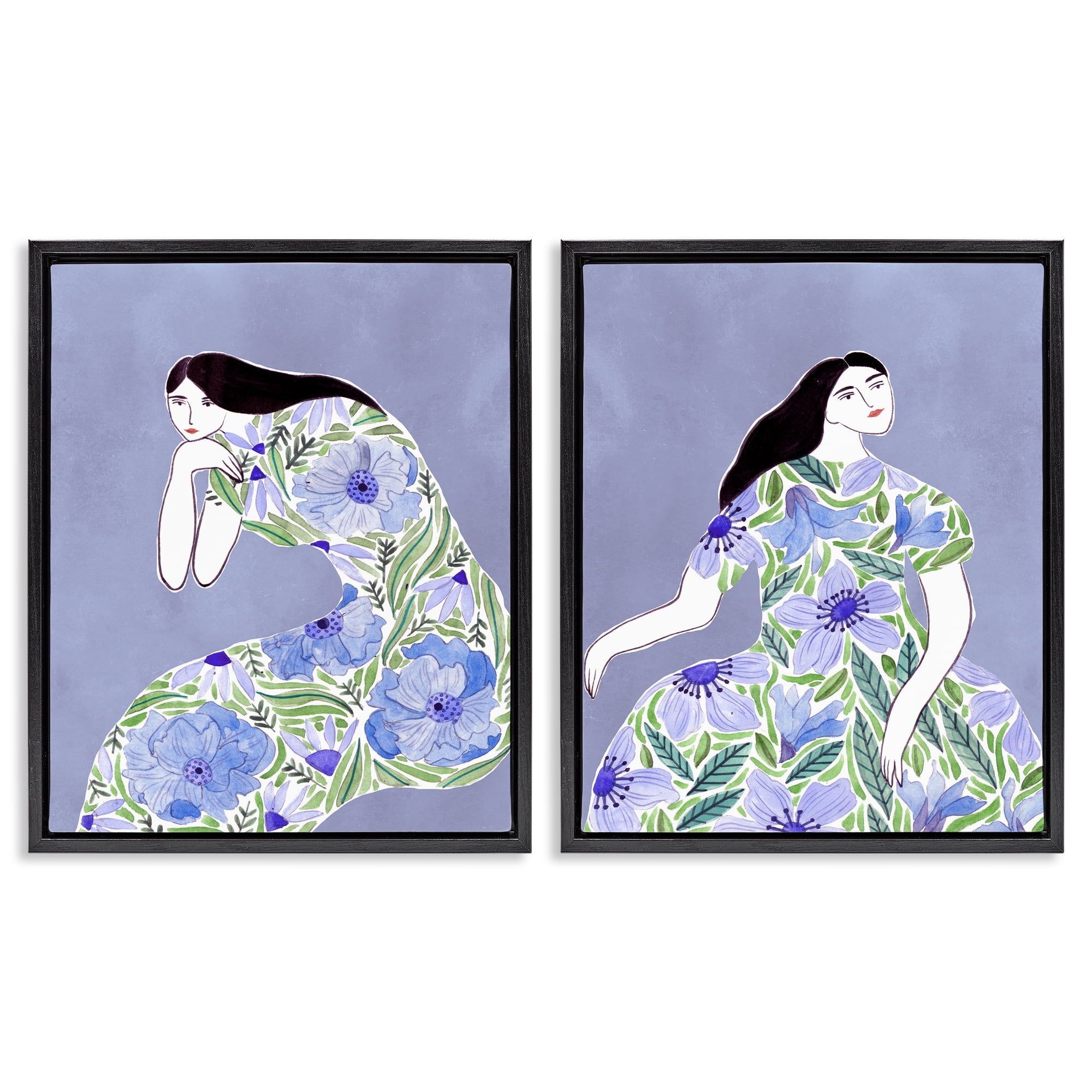 Stupell Industries Floral Women on Purple People Painting Black Floater Framed Canvas Art Print Wall Art, 31 x 25, Set of 2