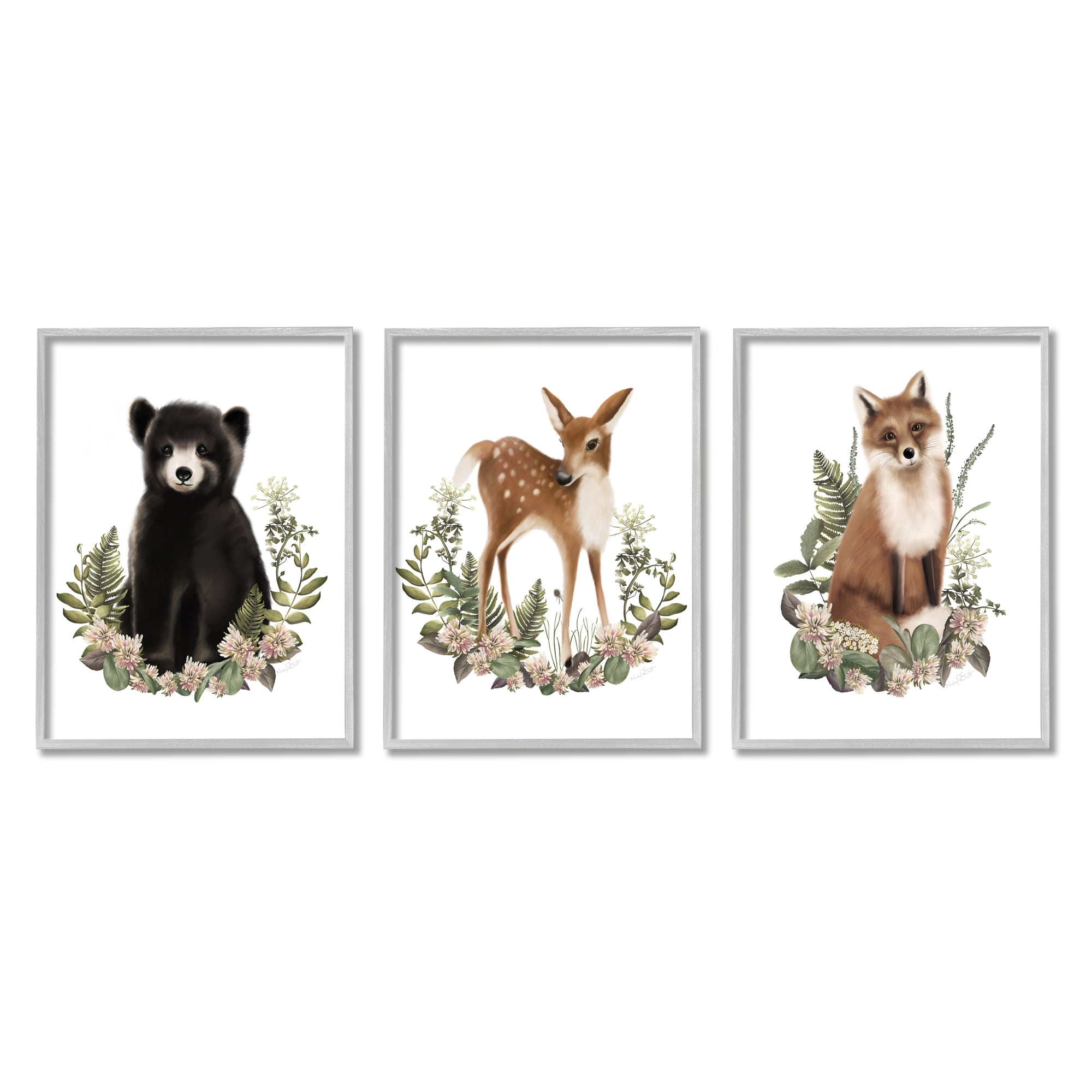 Stupell Industries Floral Woodland Animals Animals & Insects Painting Gray Framed Art Print Wall Art, 11 x 14