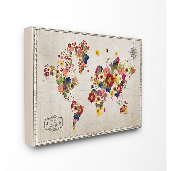 Stupell Floral World Map Graphic Art 16-inch x 20-inch Canvas