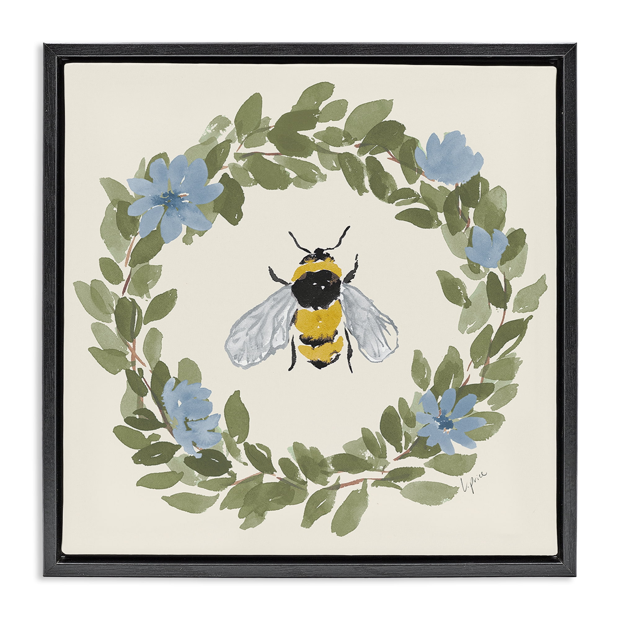 Stupell Industries Floral Wreath Bee Celebration Black Framed Floater Canvas Wall Art, design by Lucille Price