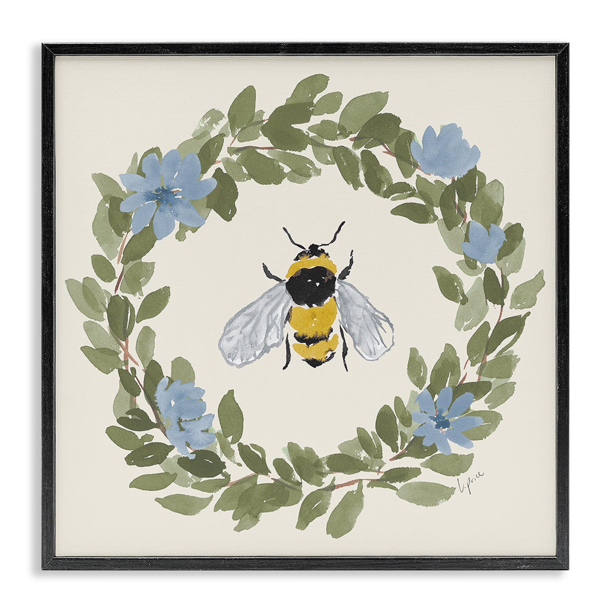 Stupell Industries Floral Wreath Bee Celebration Black Framed Giclee Art, design by Lucille Price