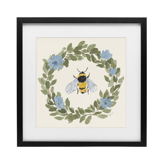 Stupell Industries French Country Floral Wreath Bee Celebration Black Framed Print Under Glass, 16 x 16, by Lucille Price