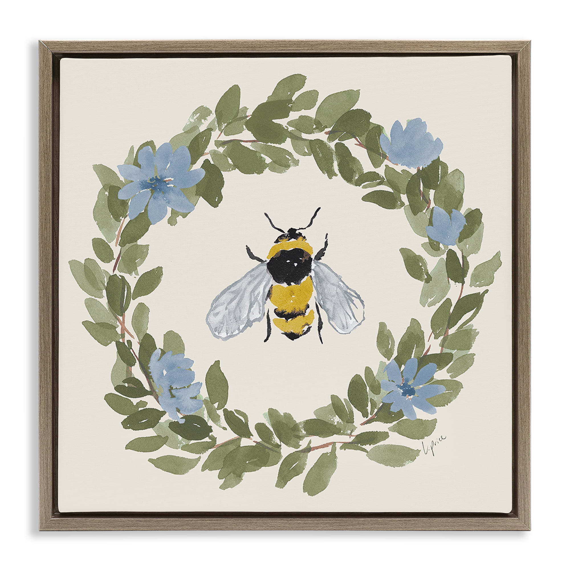 Stupell Industries Floral Wreath Bee Celebration Brown Framed Floater Canvas Wall Art, design by Lucille Price