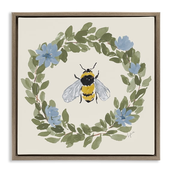 Stupell Industries French Country Floral Wreath Bee Celebration Brown Floating Frame Canvas Art, 25 x 25, by Lucille Price
