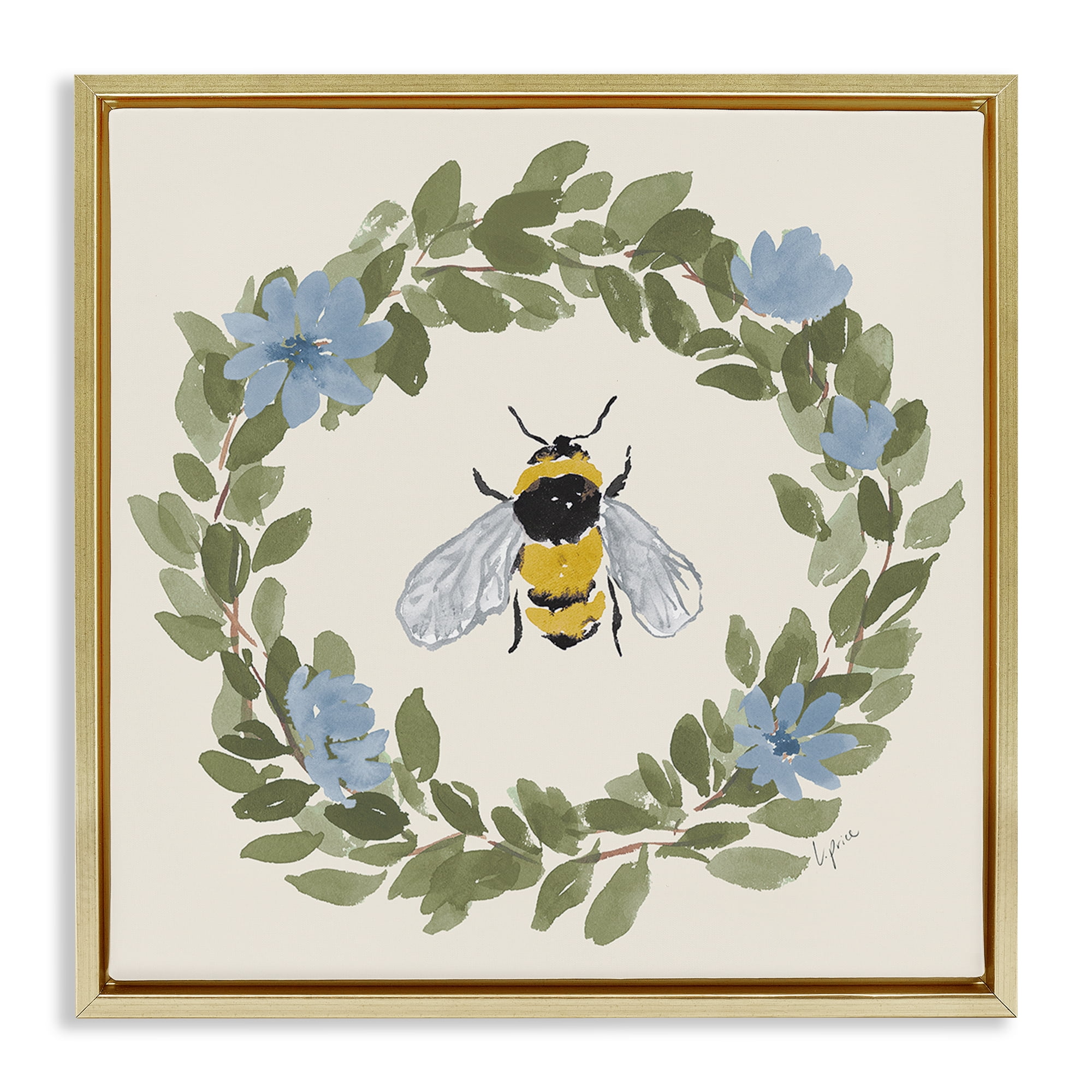 Stupell Industries Floral Wreath Bee Celebration Gold Framed Floater Canvas Wall Art, design by Lucille Price