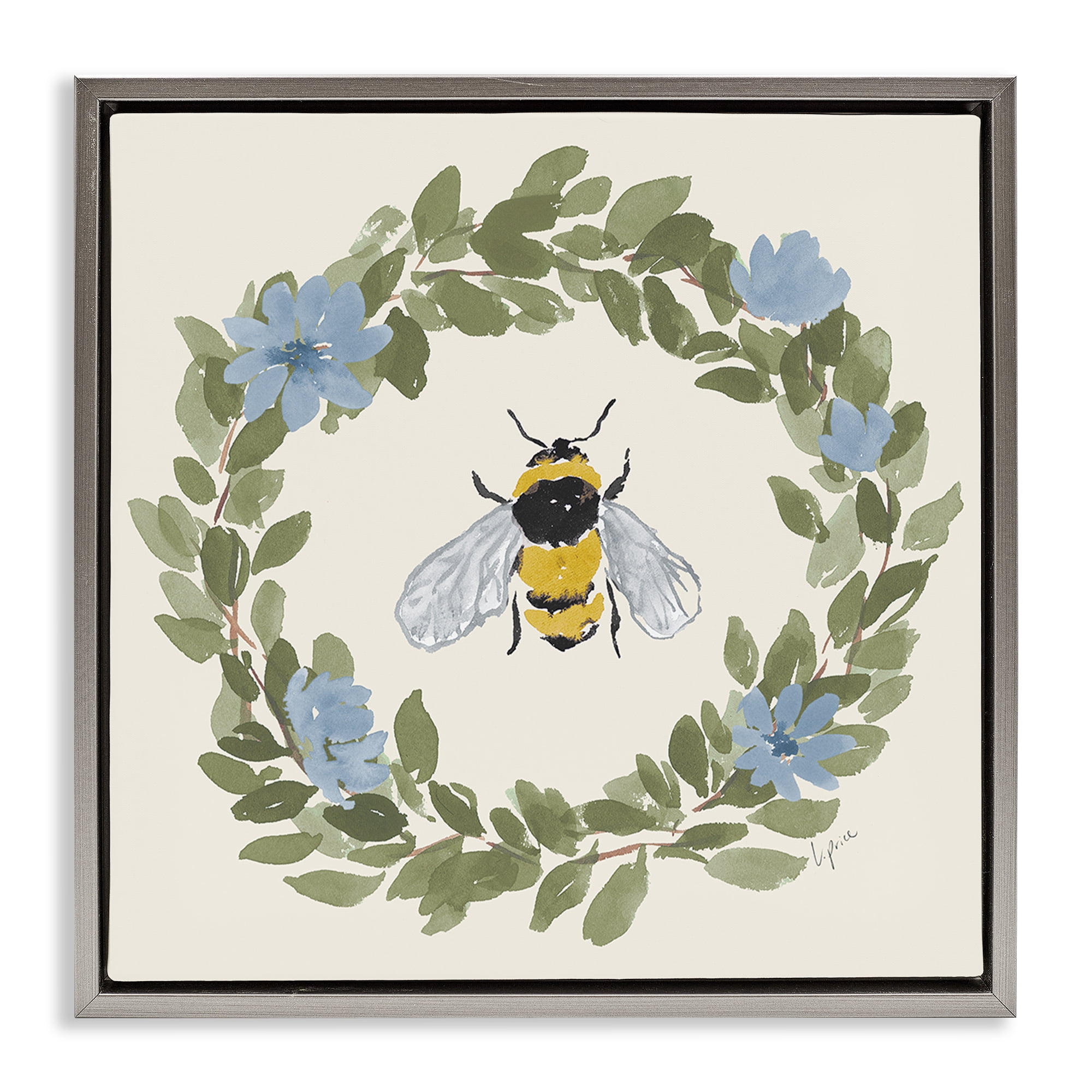 Stupell Industries Floral Wreath Bee Celebration Gray Framed Floater Canvas Wall Art, design by Lucille Price