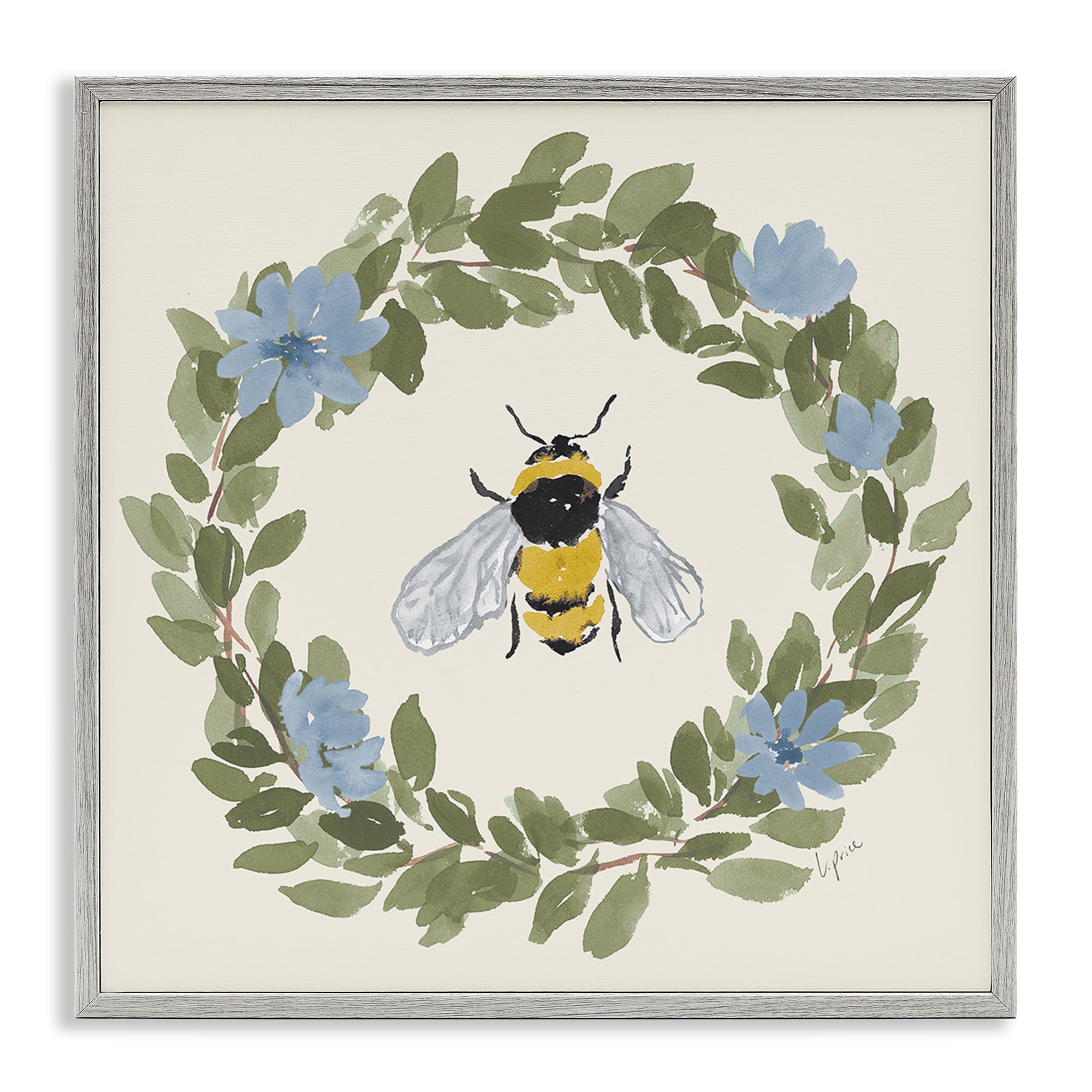 Stupell Industries Floral Wreath Bee Celebration Gray Framed Giclee Art, design by Lucille Price