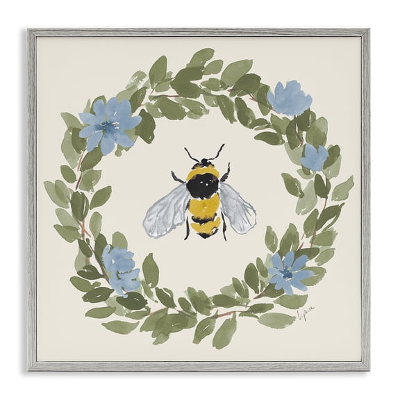 Stupell Industries French Country Floral Wreath Bee Celebration Gray Framed Giclee Art, 24 x 24, by Lucille Price