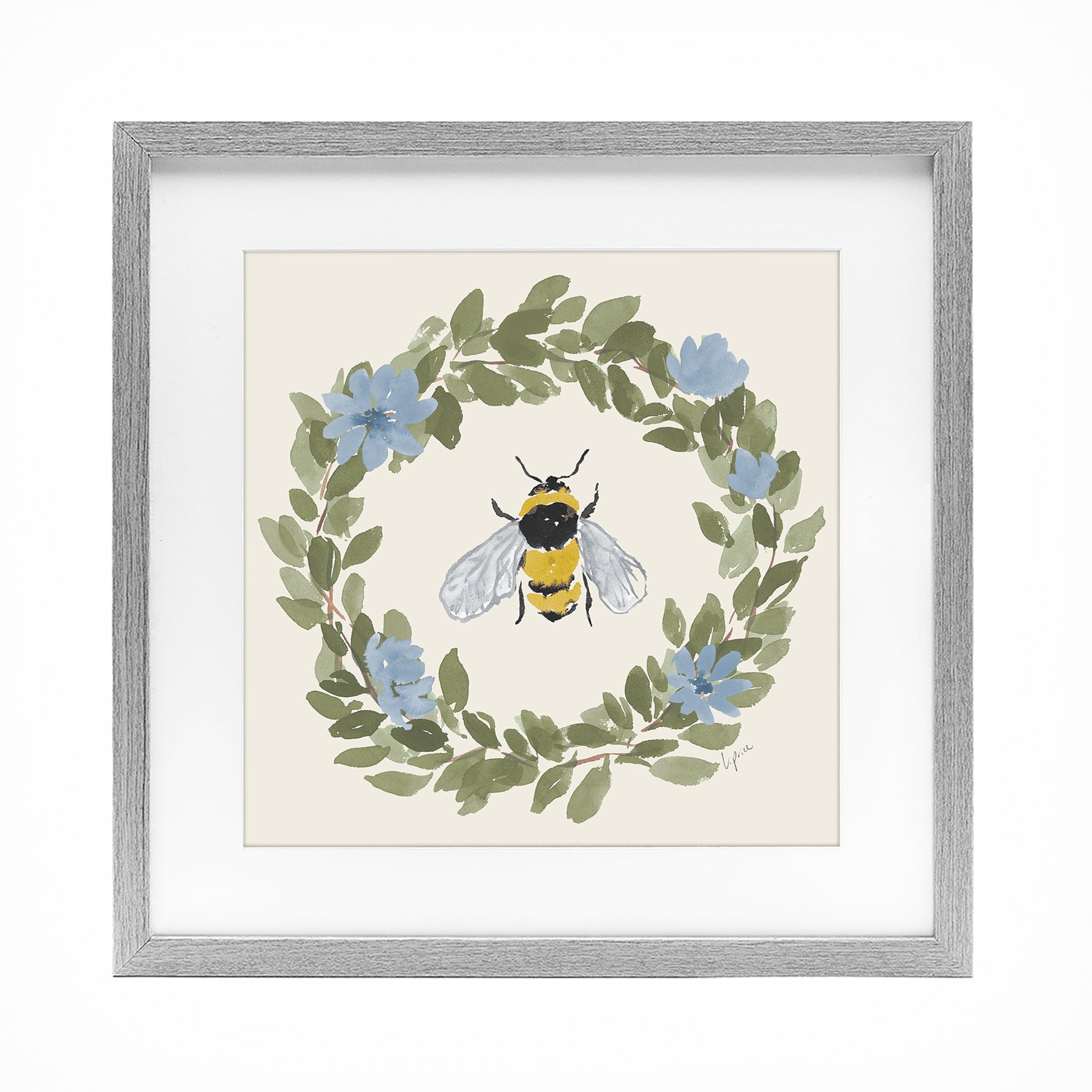 Stupell Industries Floral Wreath Bee Celebration Gray Framed Print Under Glass, design by Lucille Price