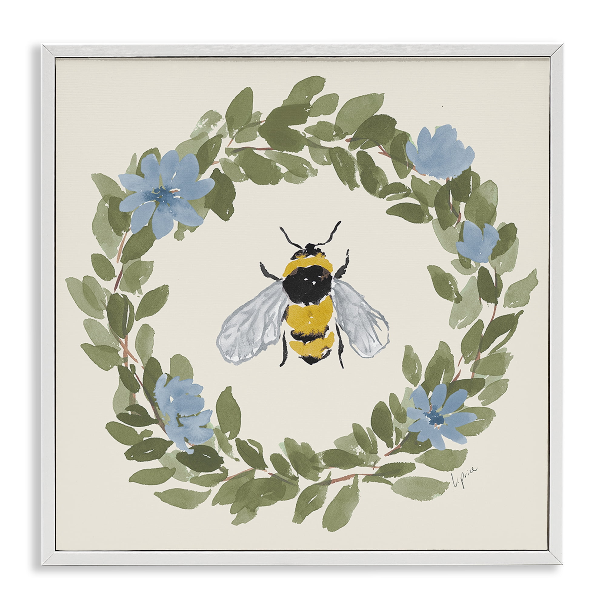 Stupell Industries Floral Wreath Bee Celebration White Framed Giclee Art, design by Lucille Price