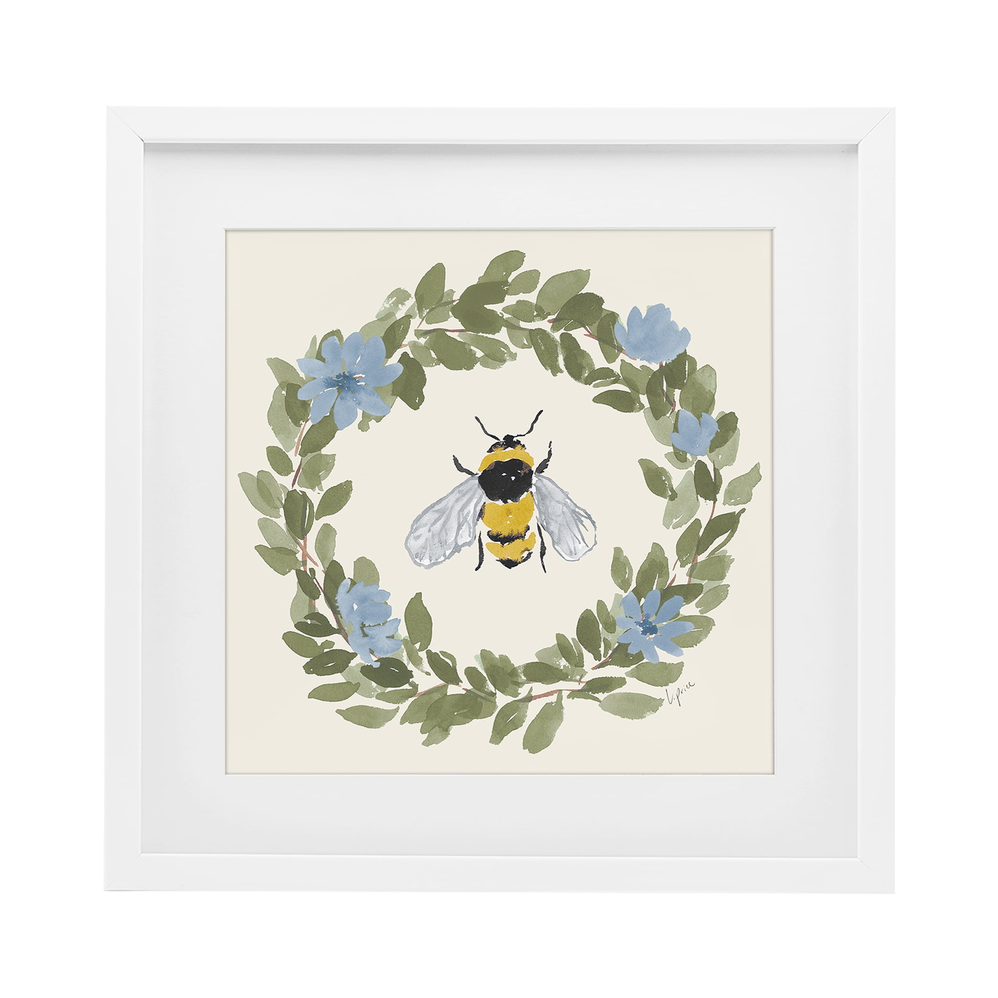 Stupell Industries Floral Wreath Bee Celebration White Framed Print Under Glass, design by Lucille Price