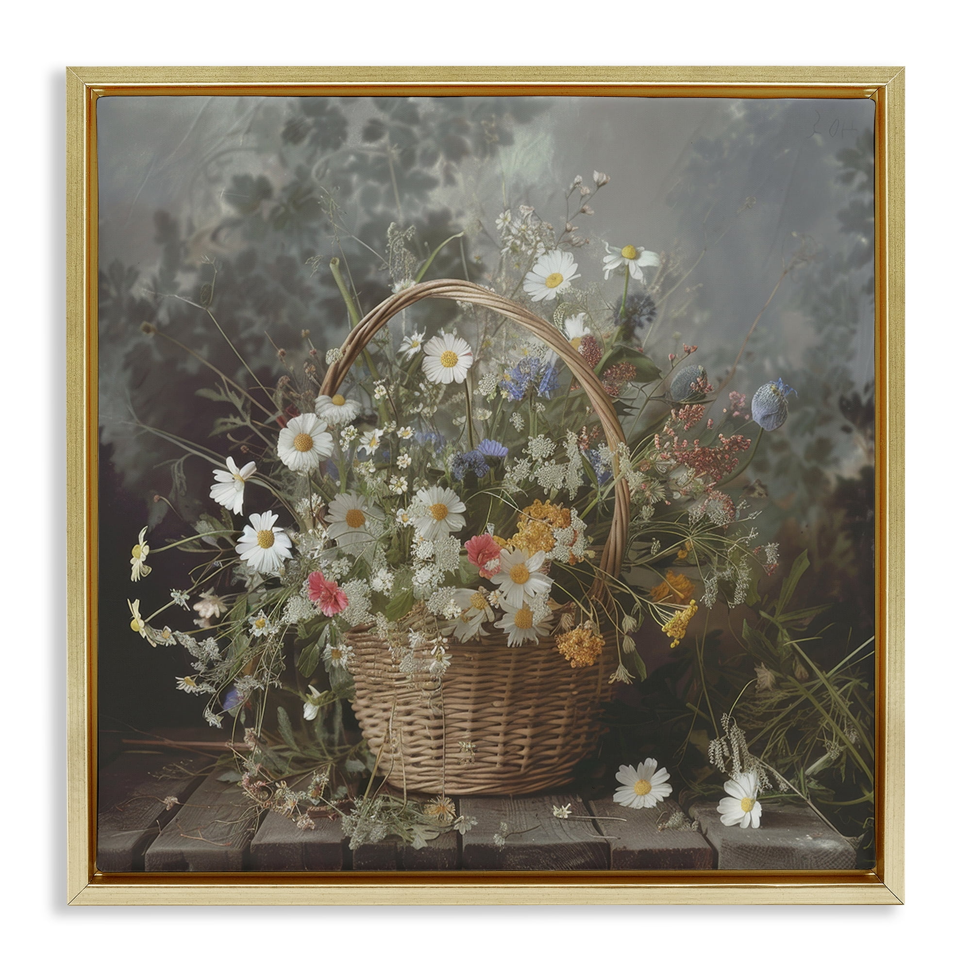 Stupell Industries Florals In A Basket Arrangement Gold Framed Floater Canvas Wall Art, design by Lazar Studio