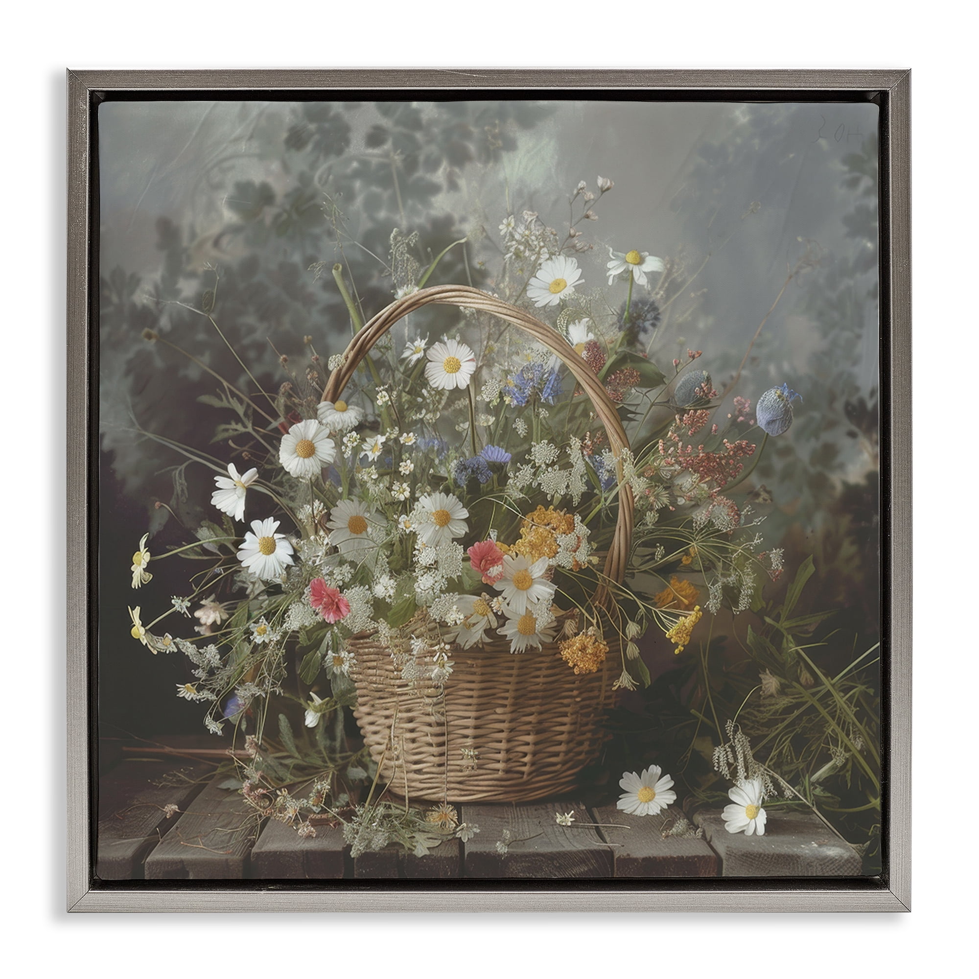 Stupell Industries Florals In A Basket Arrangement Gray Framed Floater Canvas Wall Art, design by Lazar Studio