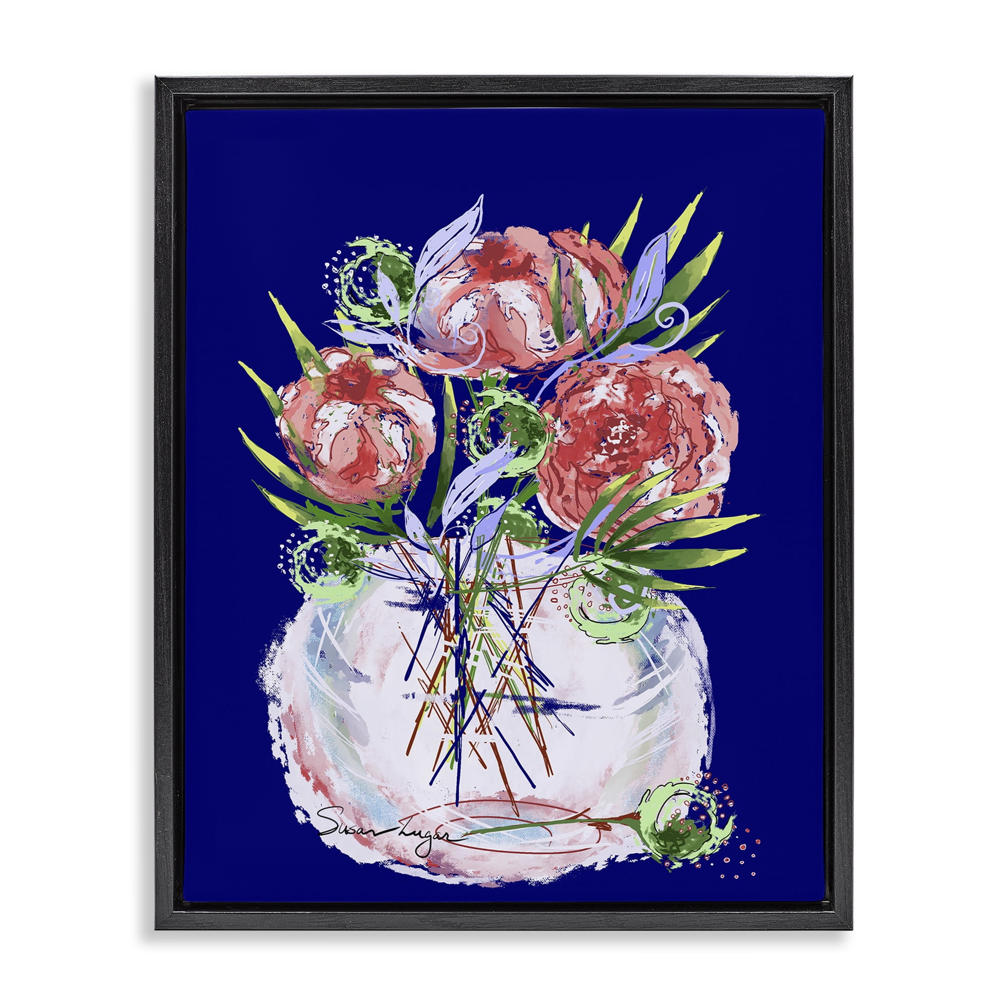 Stupell Industries Florals In Milk Glass Black Framed Floater Canvas Wall Art, design by Susan Lugar
