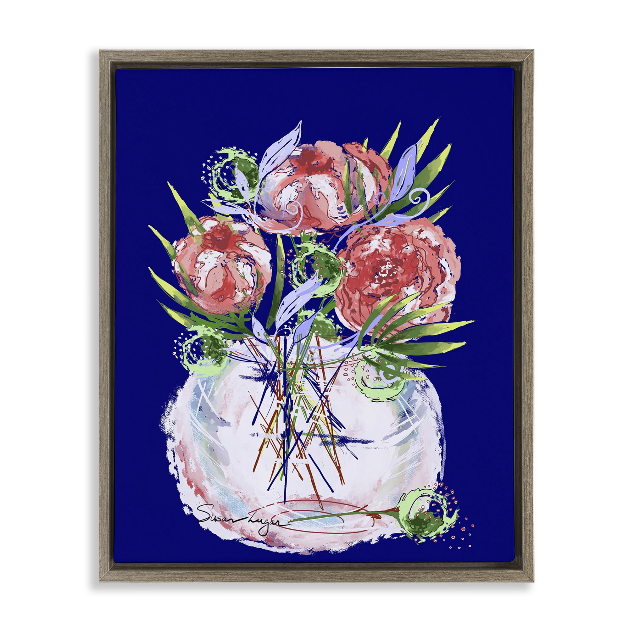 Stupell Industries Florals In Milk Glass Brown Framed Floater Canvas Wall Art, design by Susan Lugar