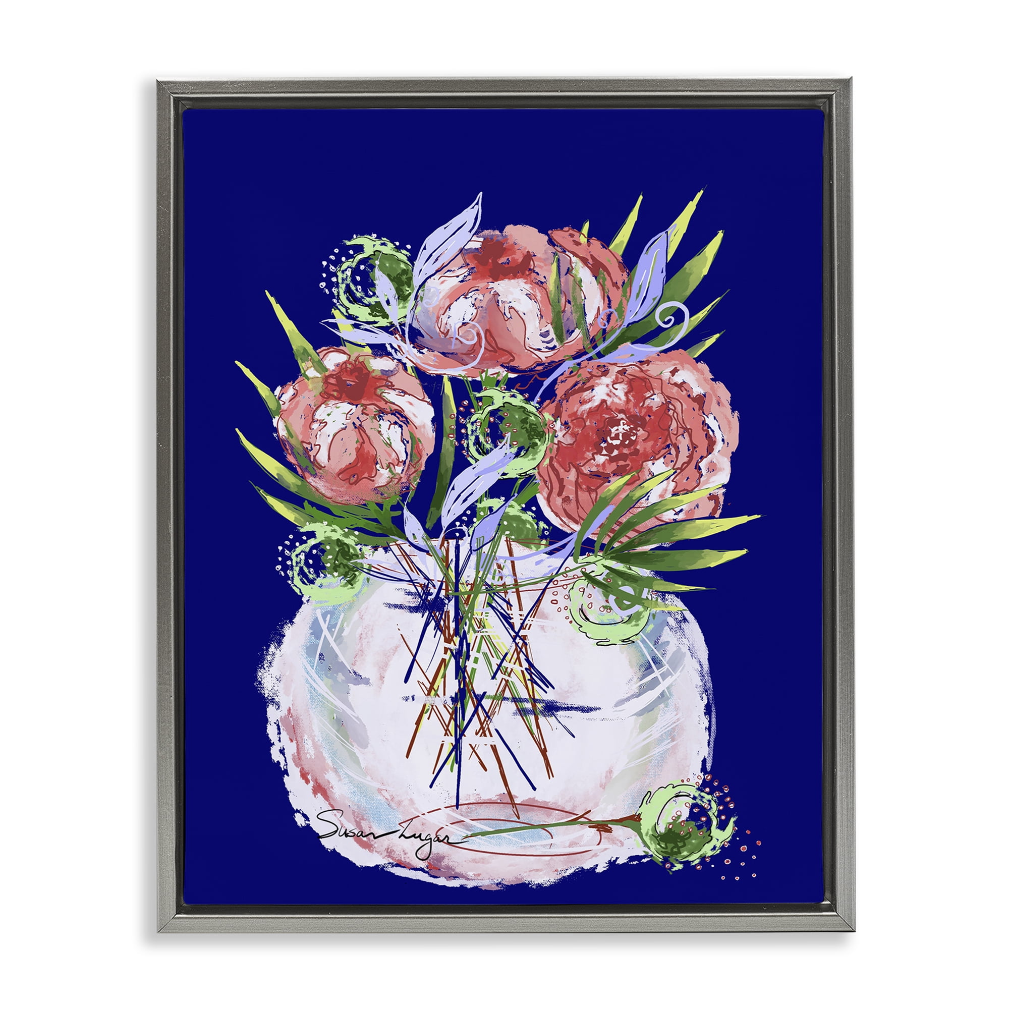 Stupell Industries Florals In Milk Glass Gray Framed Floater Canvas Wall Art, design by Susan Lugar