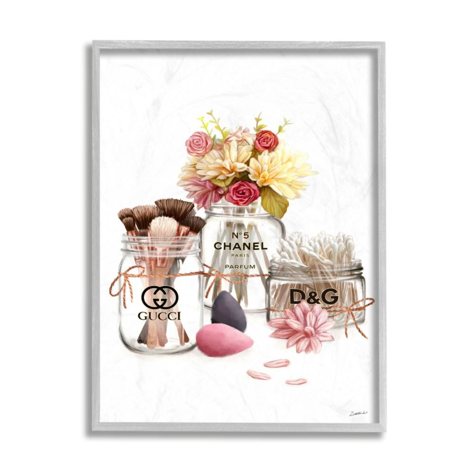 Stupell Industries Florals in Fashion Jars Cosmetic Accessories Toiletries Design by Ziwei Li, 16" x 20", Gray Framed