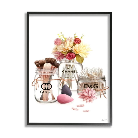 Stupell Industries Florals in Fashion Jars Cosmetic Accessories Toiletries Design by Ziwei Li, 24" x 30", Black Framed
