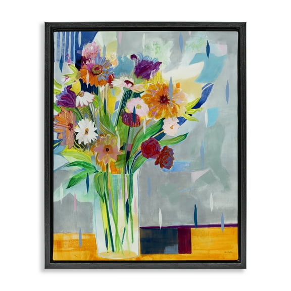 Stupell Industries Florals on Blocked Background Plants & Flowers Painting Black Floater Framed Canvas Art Print Wall Art, 17 x 21