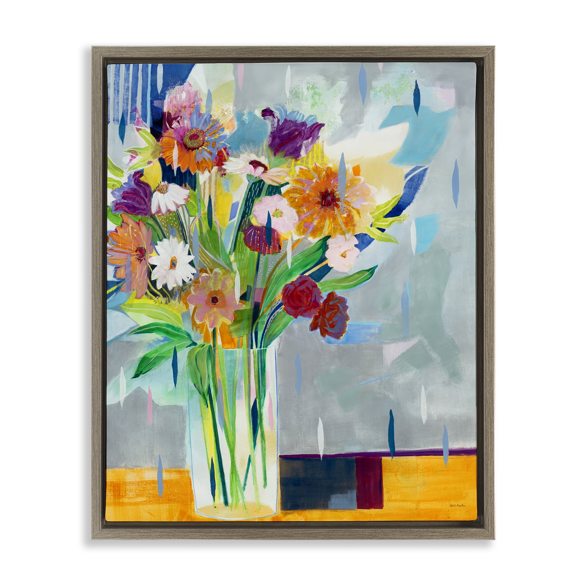 Stupell Industries Florals on Blocked Background Plants & Flowers Painting Brown Floater Framed Canvas Art Print Wall Art, 17 x 21