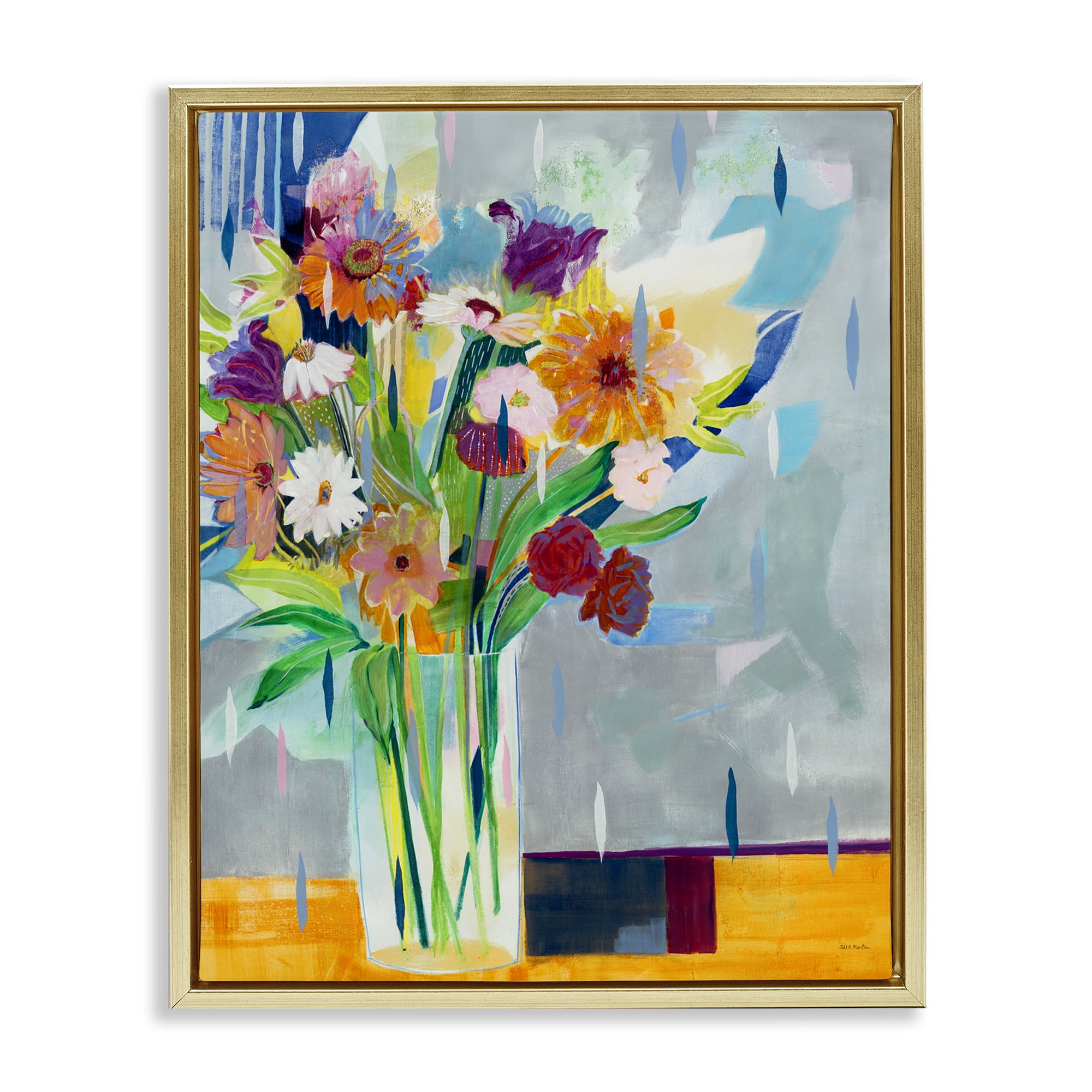 Stupell Industries Florals on Blocked Background Plants & Flowers Painting Gold Floater Framed Canvas Art Print Wall Art, 25 x 31