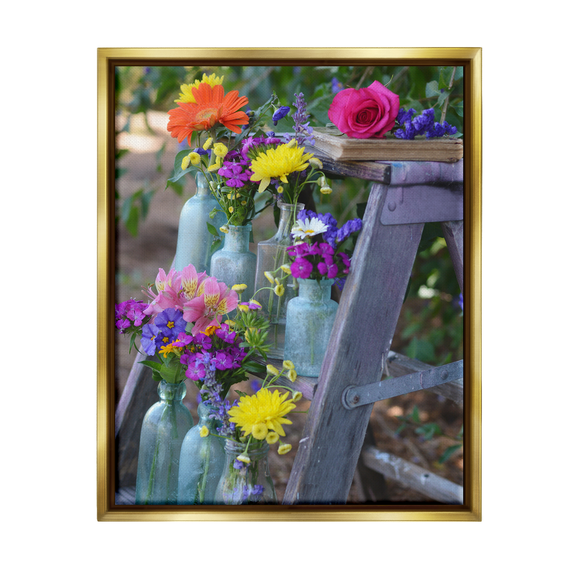 Stupell Industries Florals on Country Ladder Botanical & Floral Photography Gold Floater Framed Canvas Art Print Wall Art, 25 x 31