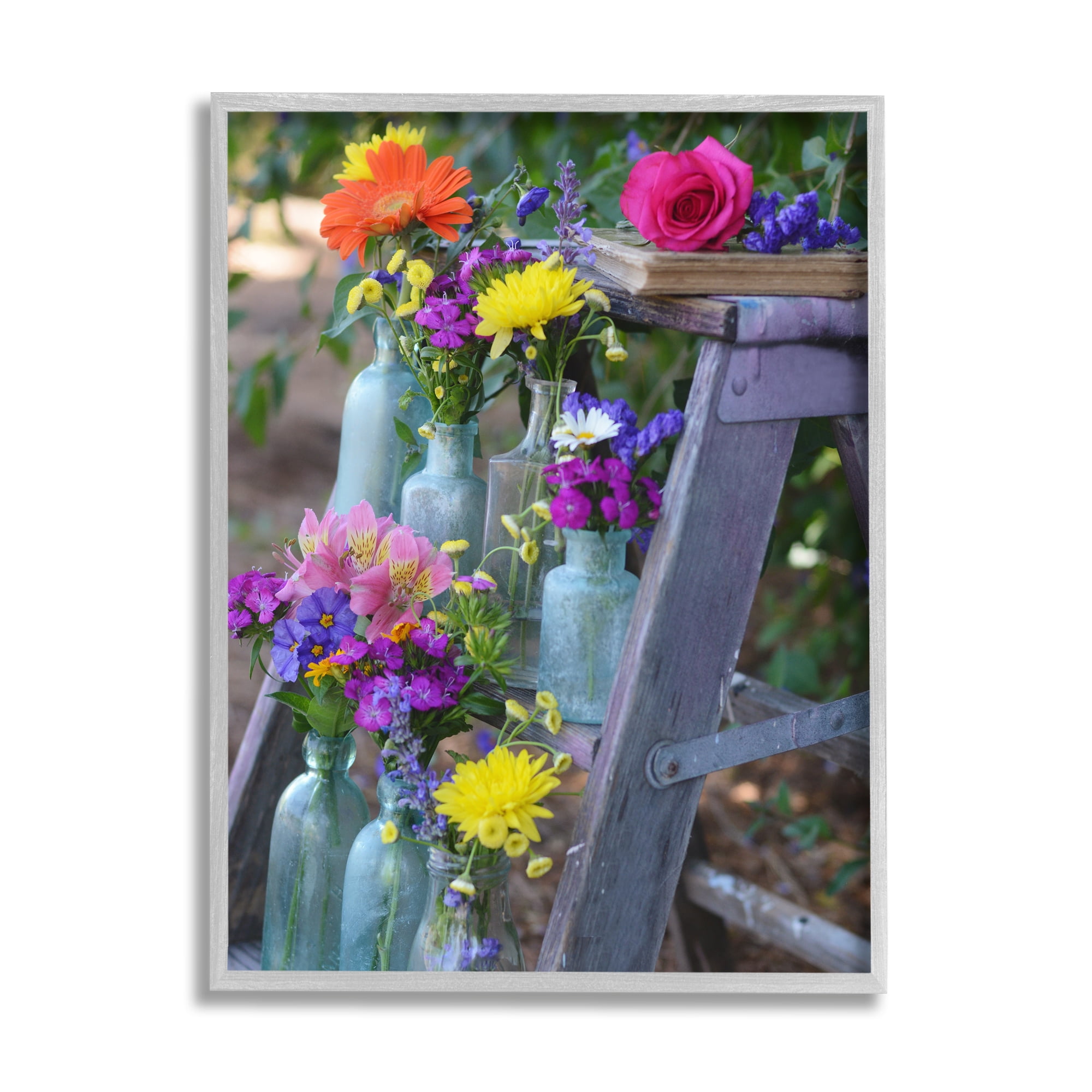 Stupell Industries Florals on Country Ladder Botanical & Floral Photography Gray Framed Art Print Wall Art, 11 x 14