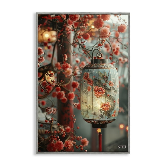 Stupell Industries Florals with Asian Motif Botanical & Floral Painting Gray Framed Art Print Wall Art, 20 x 30
