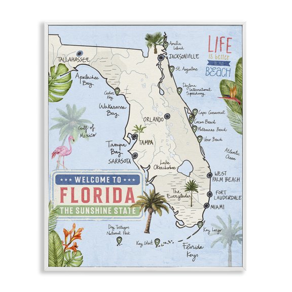 Stupell Industries Florida Map Beach Life Map Painting White Framed Art Print Wall Art, 16 x 20