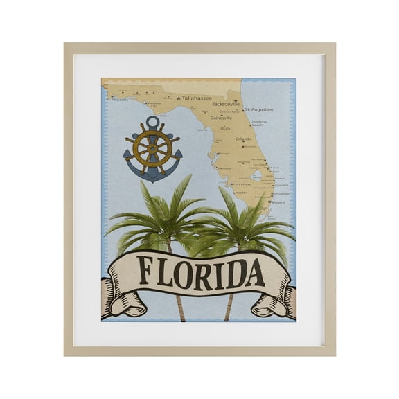 Stupell Industries Florida Map Palm Trees Birch Framed Print Under Glass design by Marcus Prime, 21 x 17