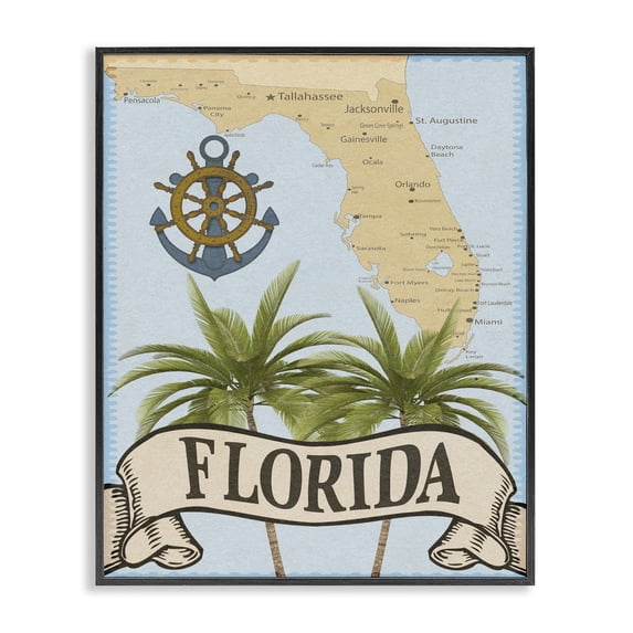 Stupell Industries Florida Map Palm Trees Black Framed Giclee Art design by Marcus Prime, 30 x 24