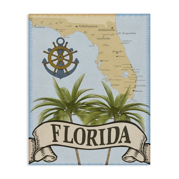 Stupell Industries Florida Map Palm Trees Canvas Wall Art design by Marcus Prime, 40 x 30