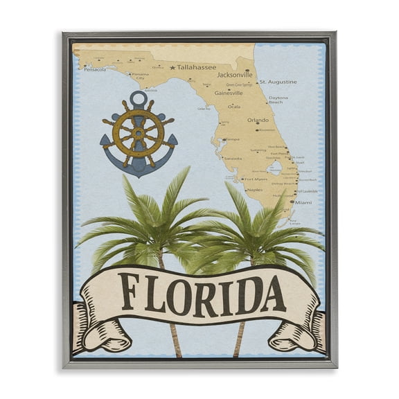 Stupell Industries Florida Map Palm Trees Gray Framed Floater Canvas Wall Art design by Marcus Prime, 21 x 17