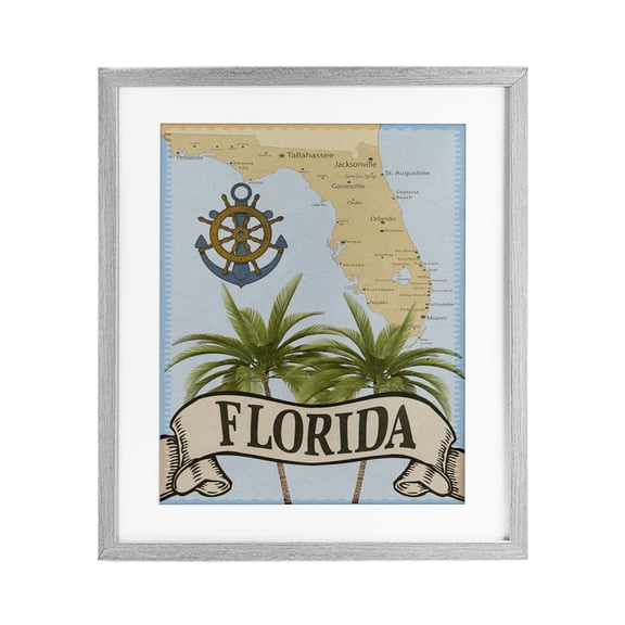 Stupell Industries Florida Map Palm Trees Gray Framed Print Under Glass design by Marcus Prime, 16 x 13