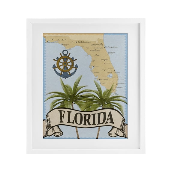 Stupell Industries Florida Map Palm Trees White Framed Print Under Glass design by Marcus Prime, 21 x 17