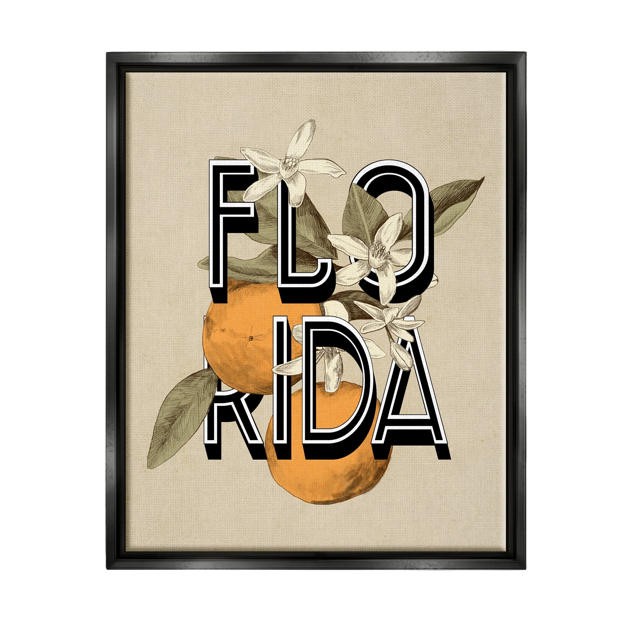 Stupell Industries Florida Orange Blossoms State Flower Typography Graphic Art Jet Black Floating Framed Canvas Print Wall Art, Design by Daphne Polselli